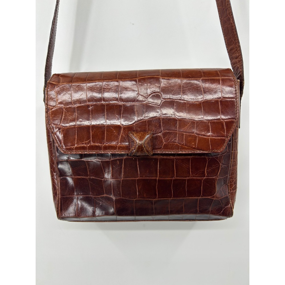 Joan & David Brown Croc Embossed Leather Crossbody Bag Made in Italy Vintage